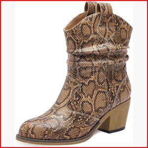 Faux Leather Cowboy Booties with Memory Foam Insoles, Stack Heel